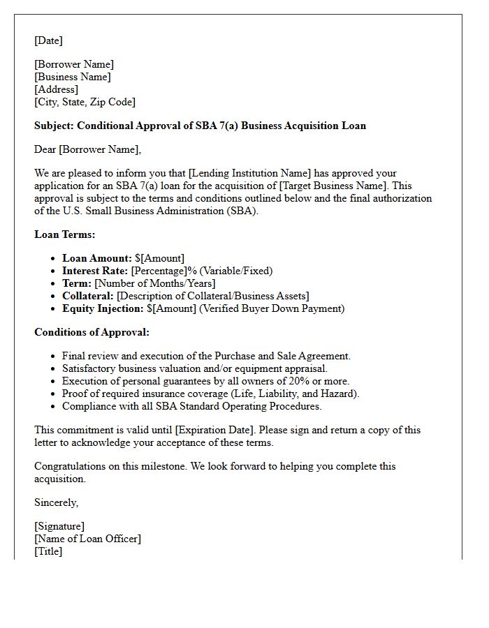 Small Business Administration Business Acquisition Loan Approval Letter