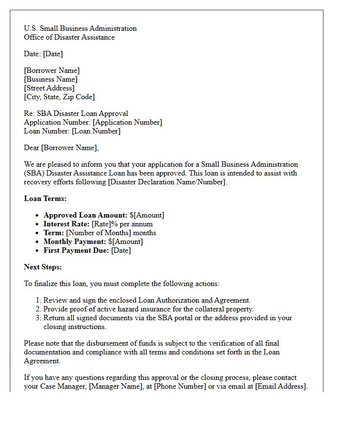 Small Business Administration Disaster Assistance Loan Approval Letter