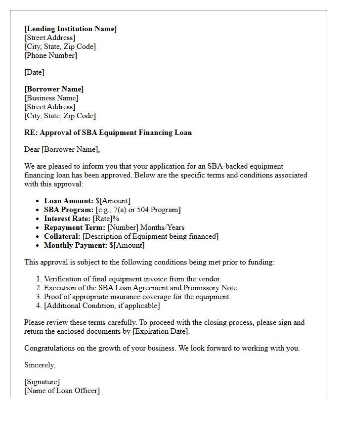 Small Business Administration Equipment Financing Loan Approval Letter