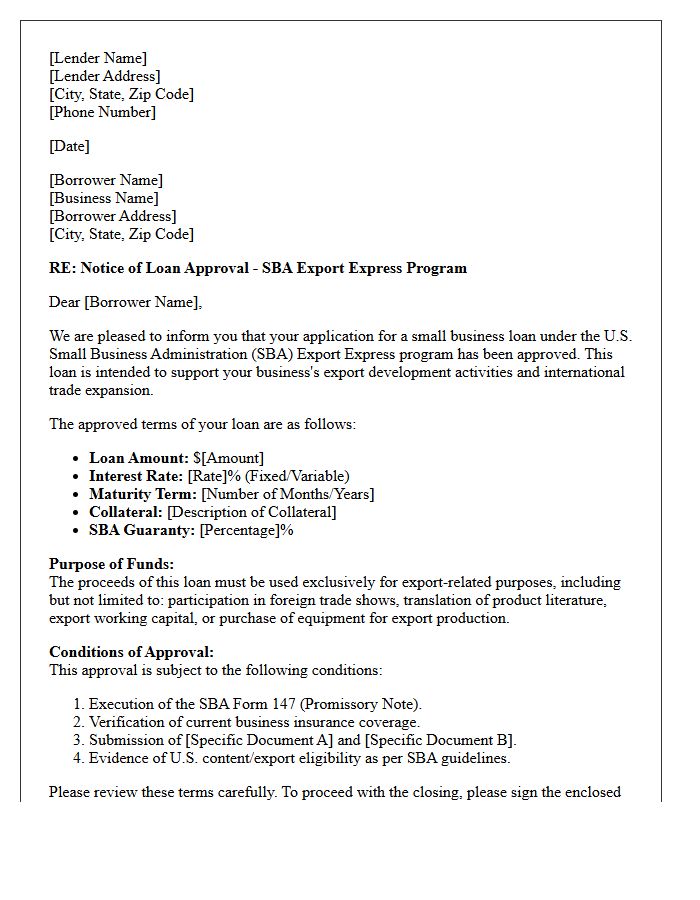 Small Business Administration Export Express Loan Approval Letter