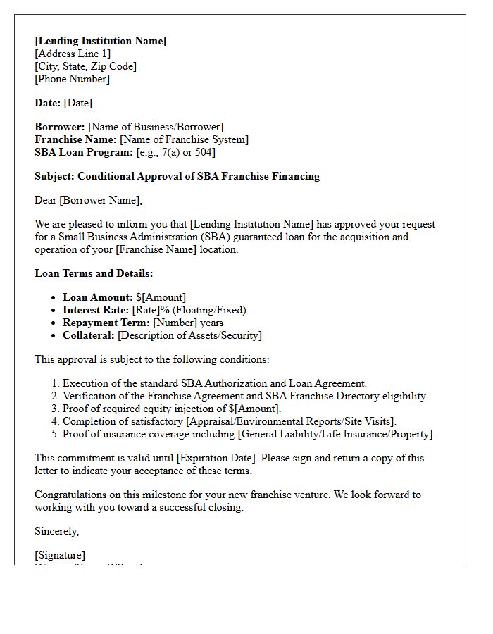 Small Business Administration Franchise Financing Loan Approval Letter