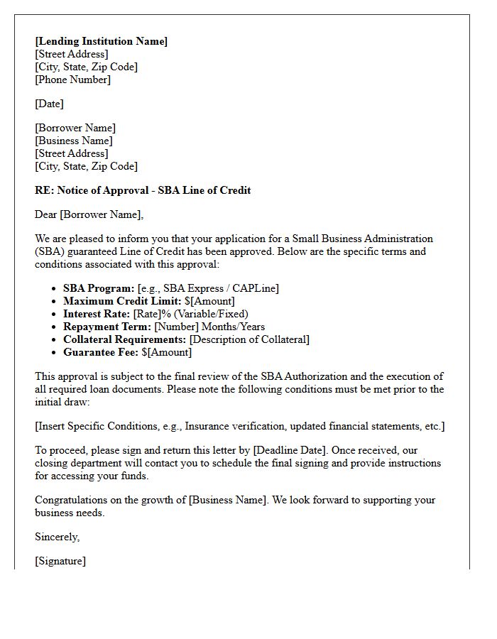 Small Business Administration Line of Credit Approval Letter
