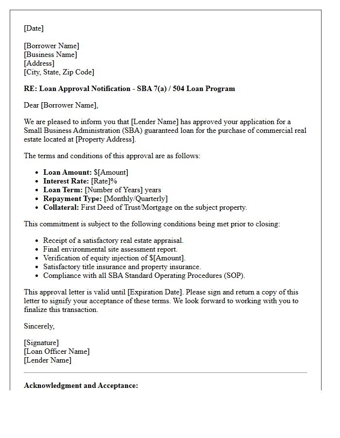 Small Business Administration Real Estate Loan Approval Letter