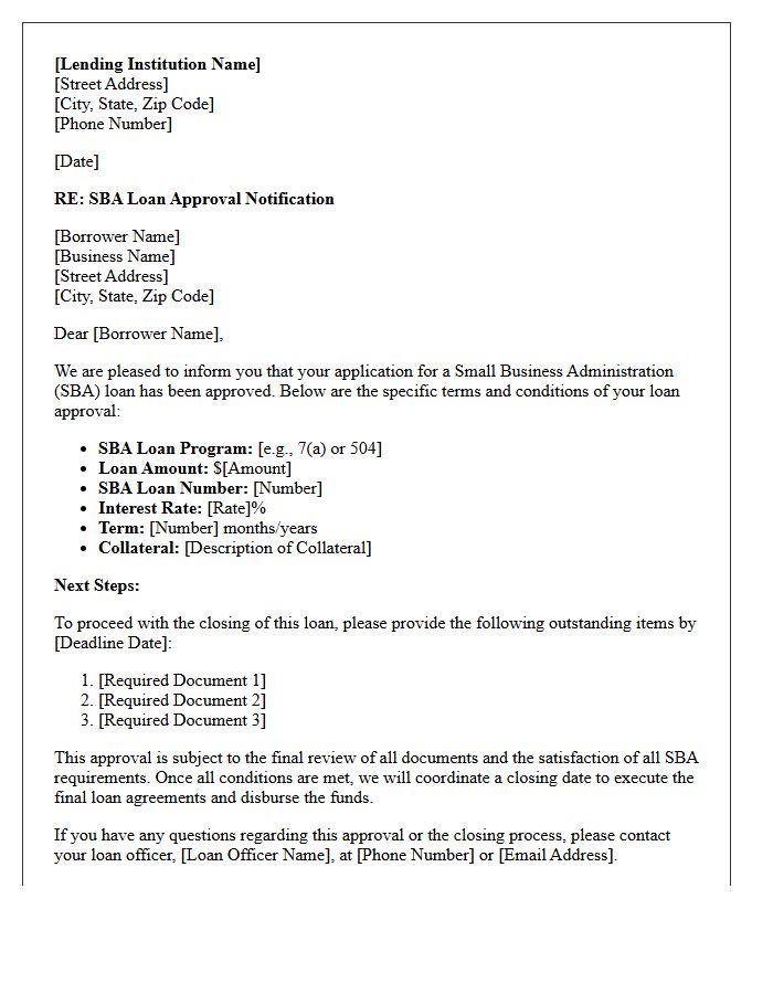 Small Business Administration Standard Loan Approval Letter