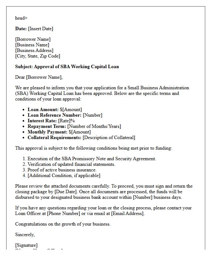 Small Business Administration Working Capital Loan Approval Letter