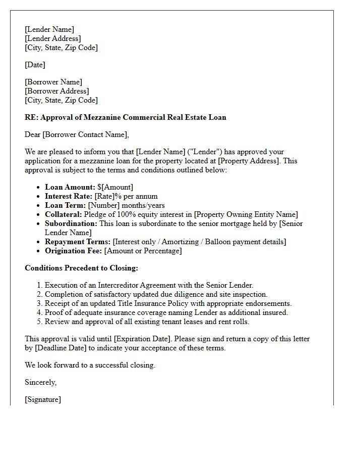 Mezzanine Commercial Real Estate Loan Approval Letter