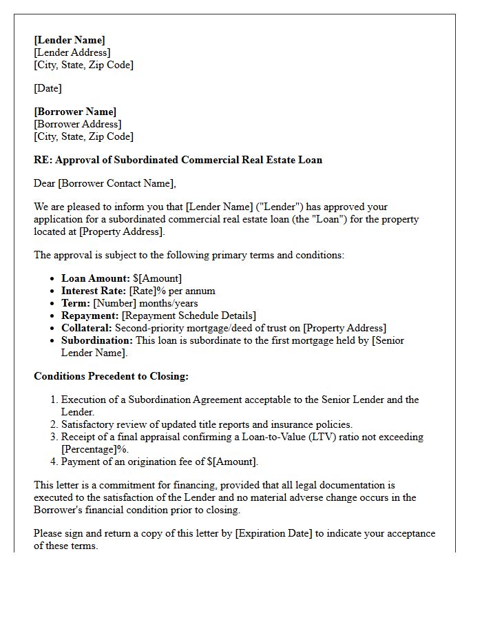 Subordinated Commercial Real Estate Loan Approval Letter