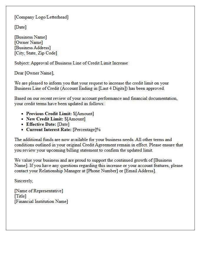 Business Line of Credit Limit Increase Approval Letter