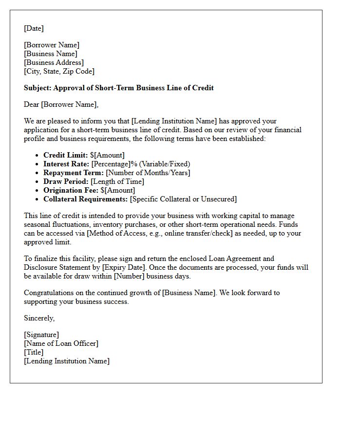 Short-Term Business Line of Credit Approval Letter