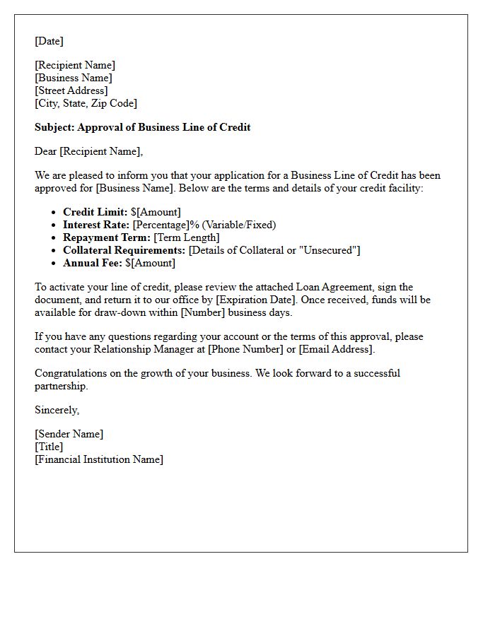 Standard Business Line of Credit Approval Letter