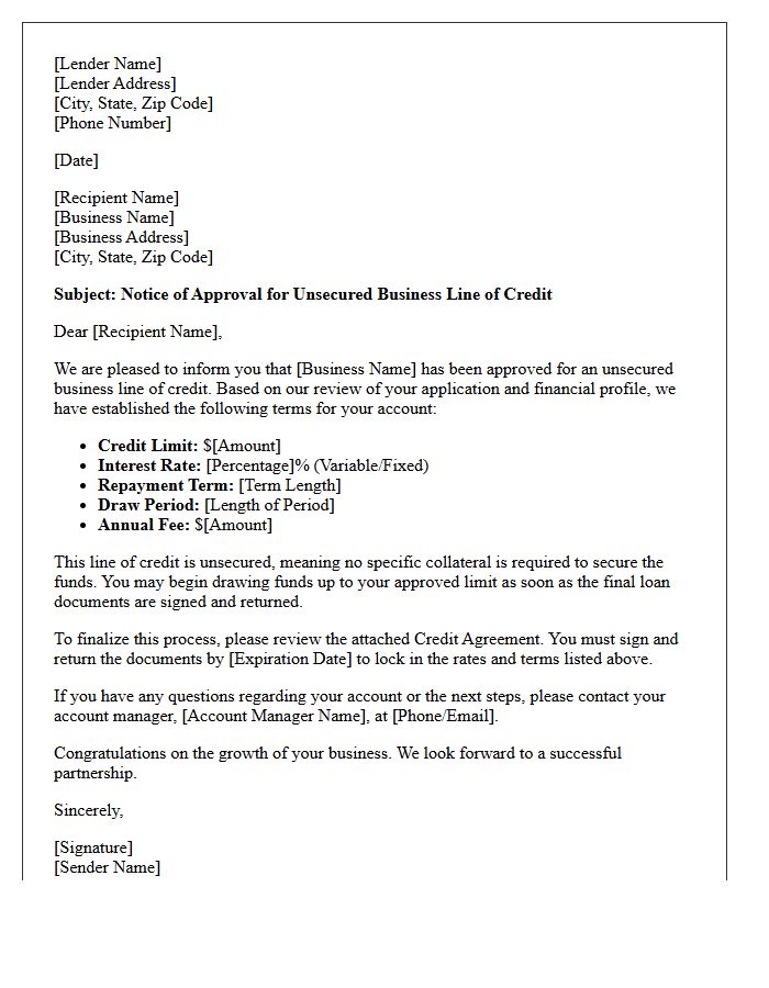 Unsecured Business Line of Credit Approval Letter
