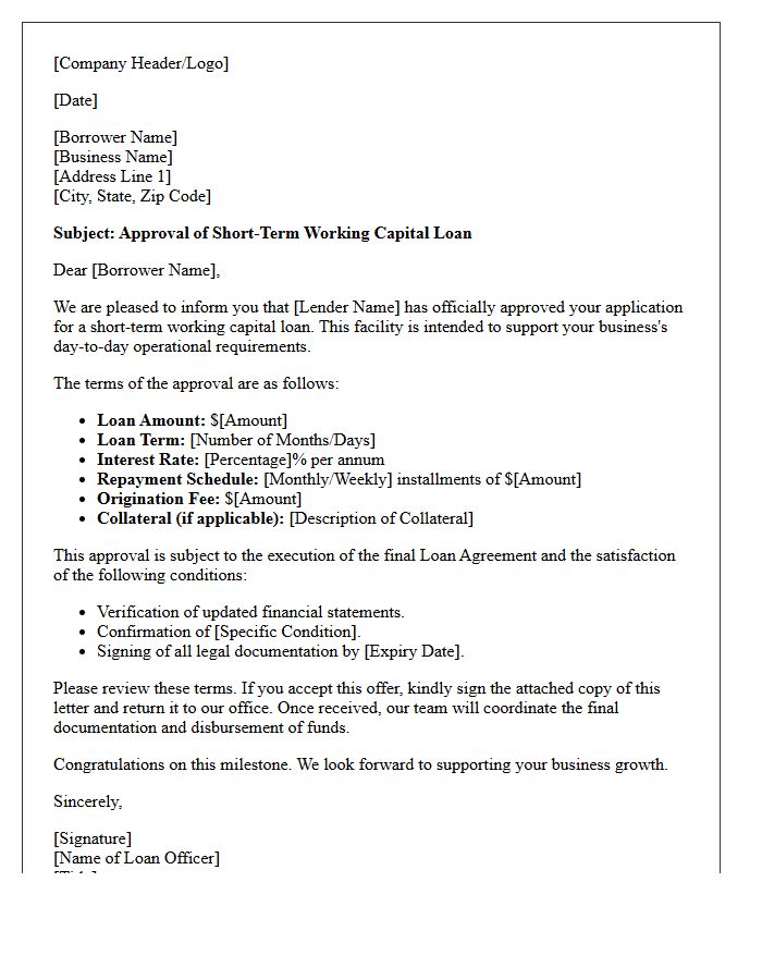 Short-Term Working Capital Loan Approval Letter