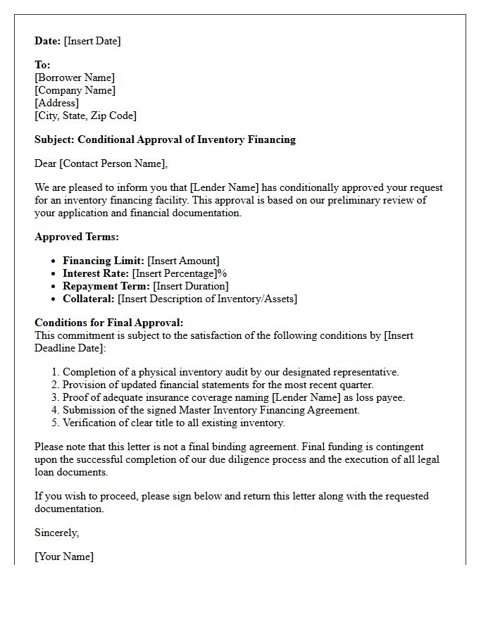 Conditional Inventory Financing Approval Letter