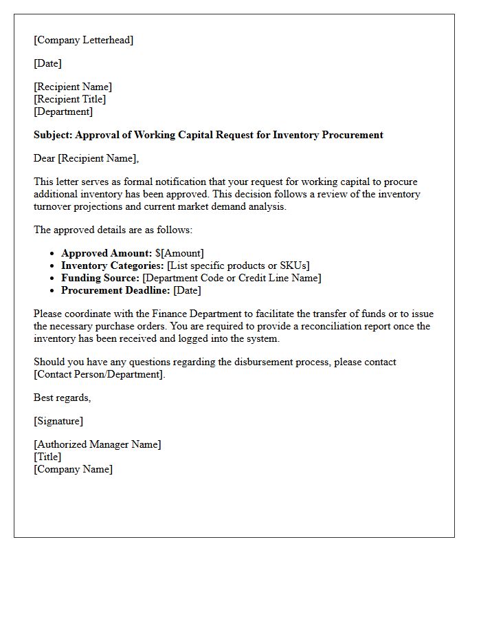 Working Capital Inventory Approval Letter