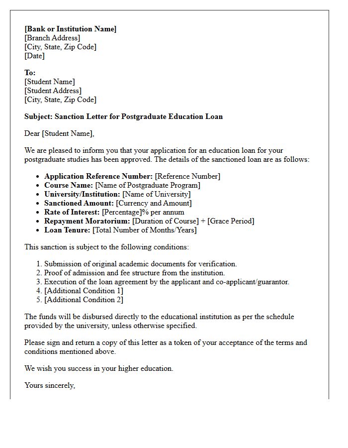 Postgraduate Education Loan Sanction Letter