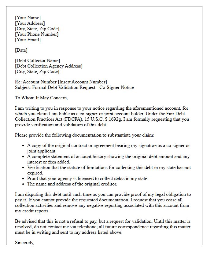 Co-Signer Joint Account Debt Validation Notice Letter
