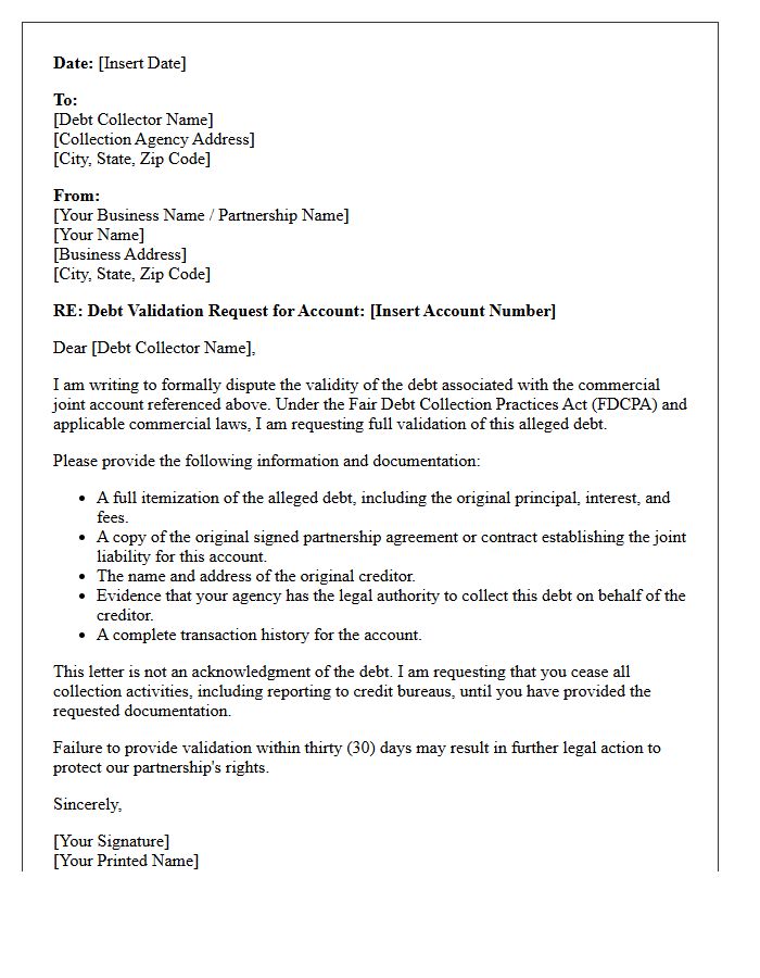 Commercial Partnership Joint Account Debt Validation Notice Letter