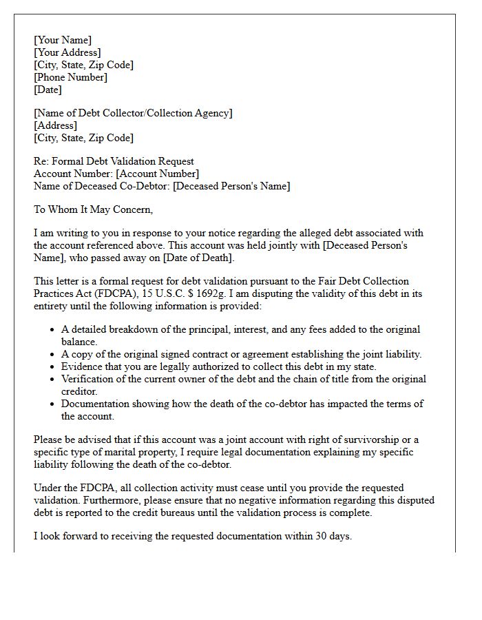 Deceased Co-Debtor Joint Account Debt Validation Notice Letter