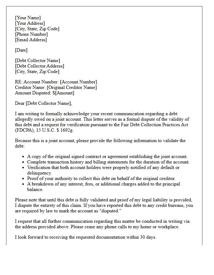 Dispute Acknowledgement Joint Account Debt Validation Notice Letter