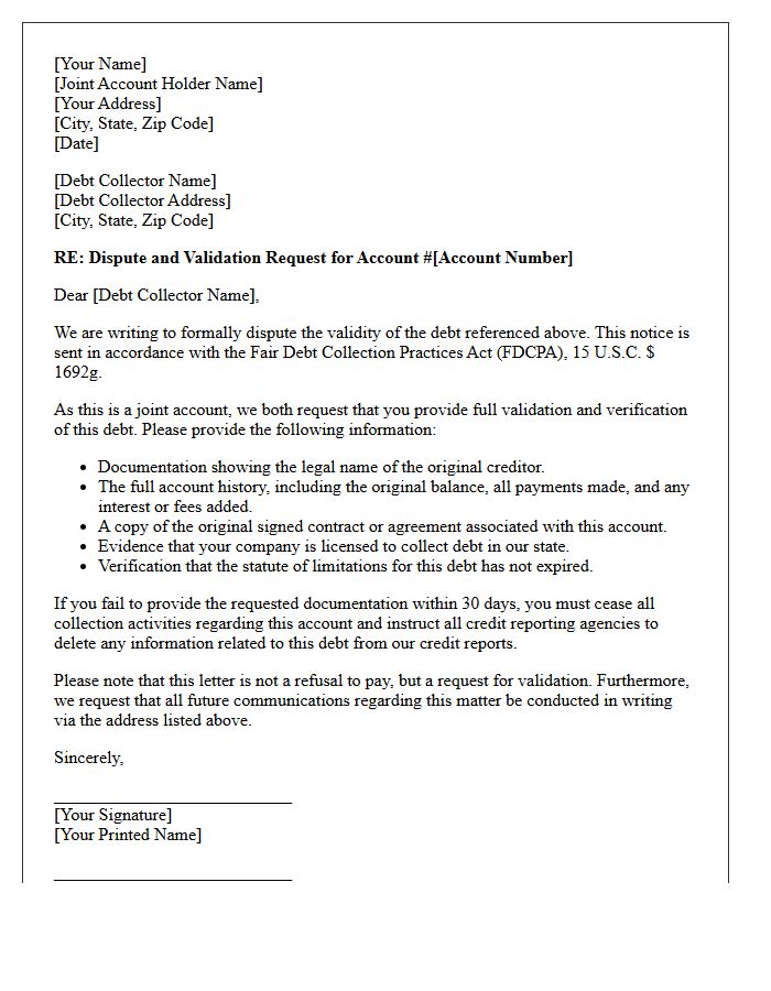 Dispute Resolution Joint Account Debt Validation Notice Letter
