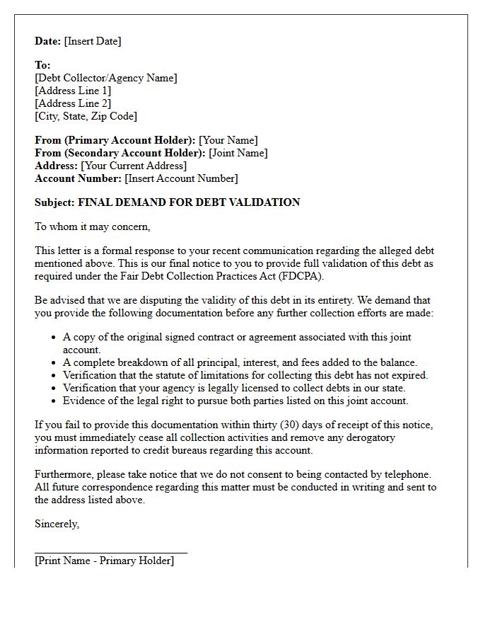 Final Demand Joint Account Debt Validation Notice Letter