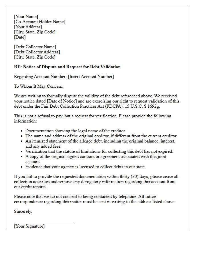 Initial Joint Account Debt Validation Notice Letter