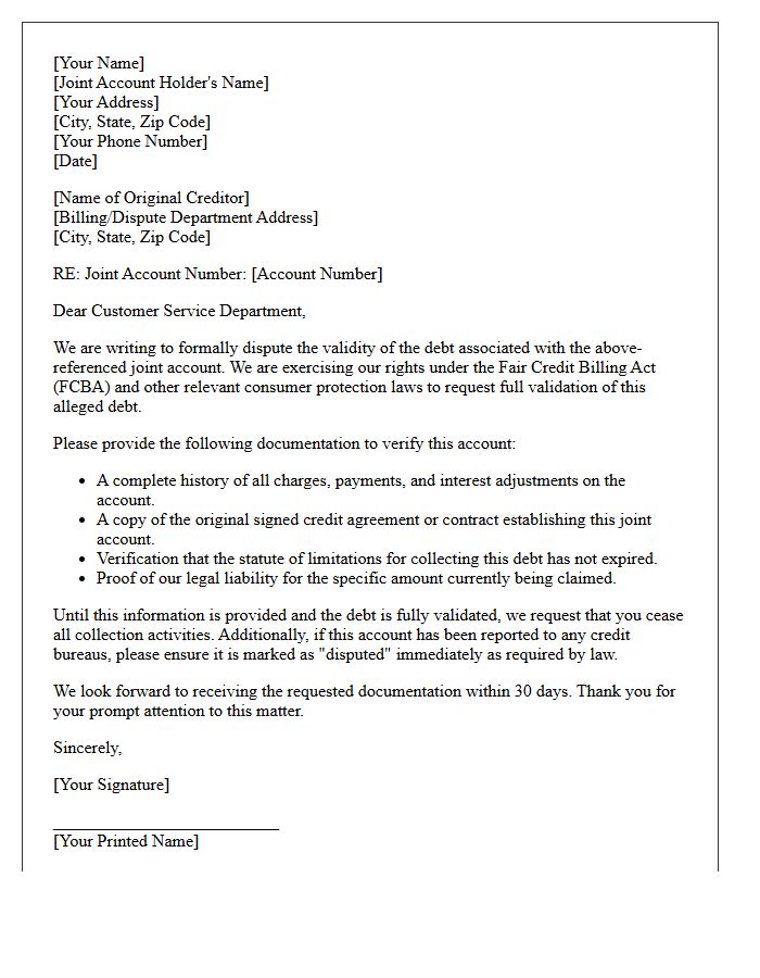 Original Creditor Joint Account Debt Validation Notice Letter