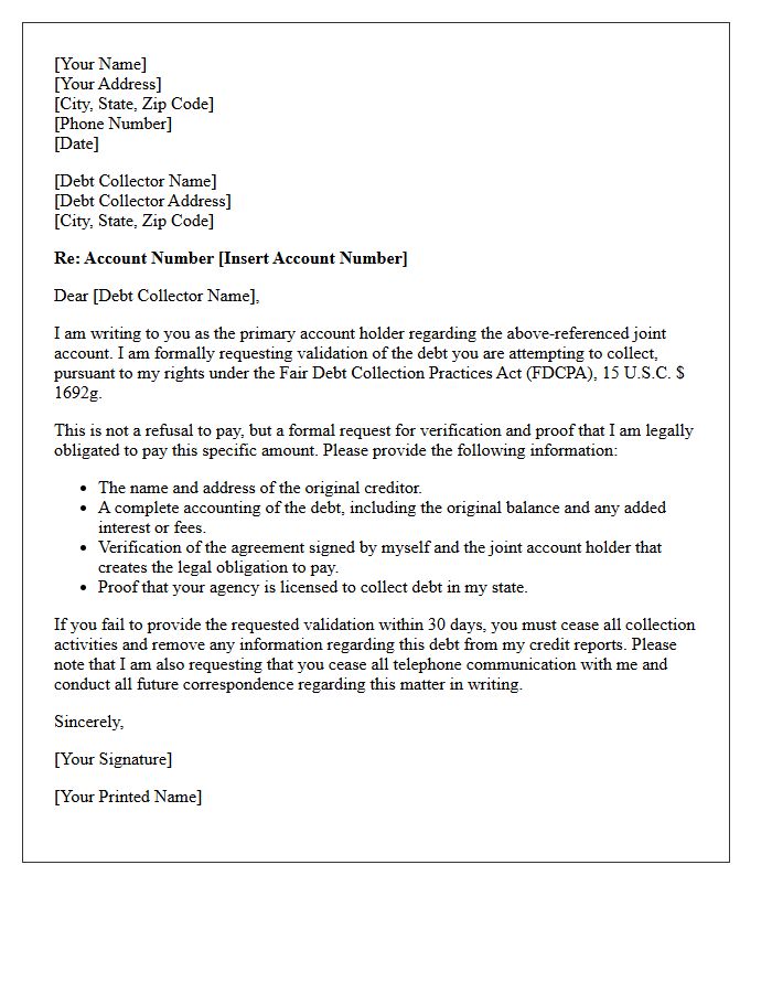 Primary Account Holder Joint Account Debt Validation Notice Letter