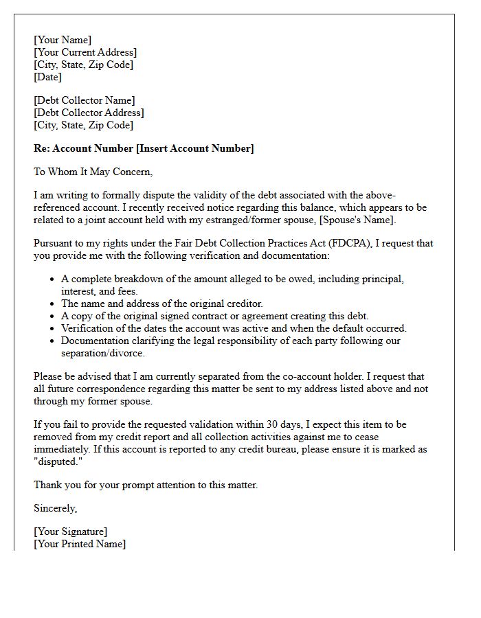 Separated Spouses Joint Account Debt Validation Notice Letter
