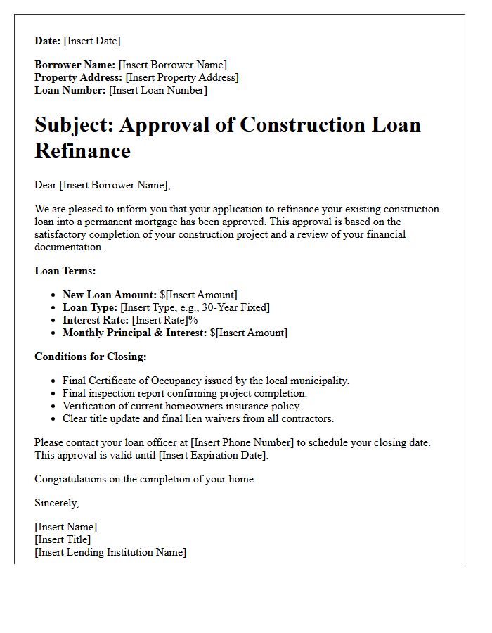 Construction Loan Refinance Approval Letter