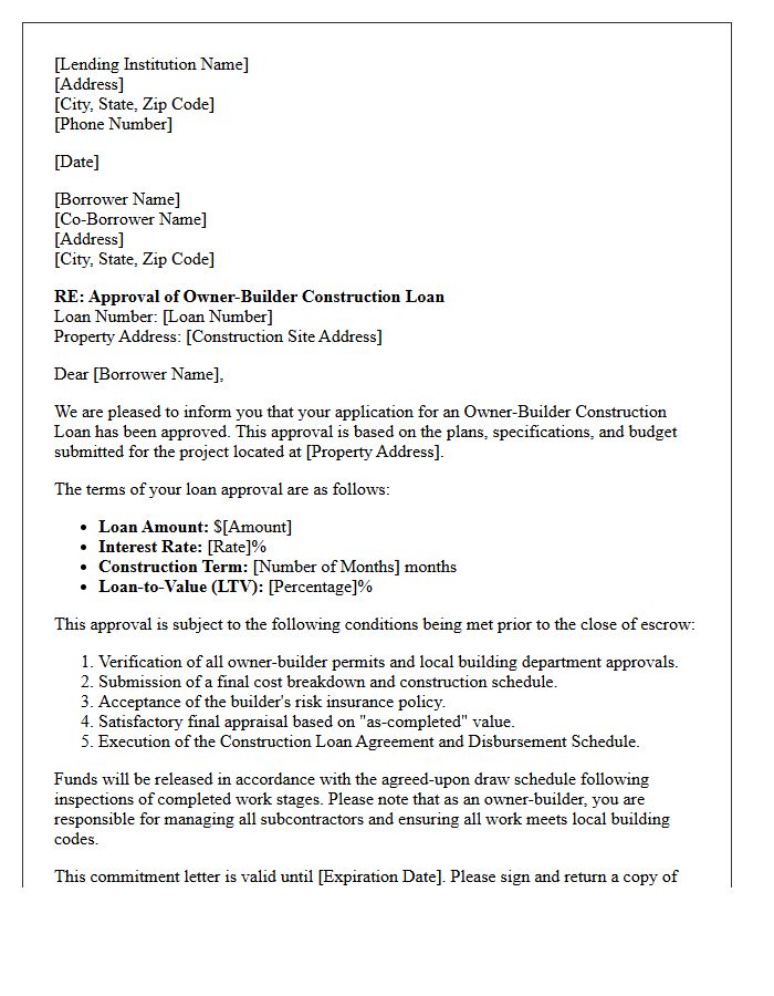 Owner-Builder Construction Loan Approval Letter