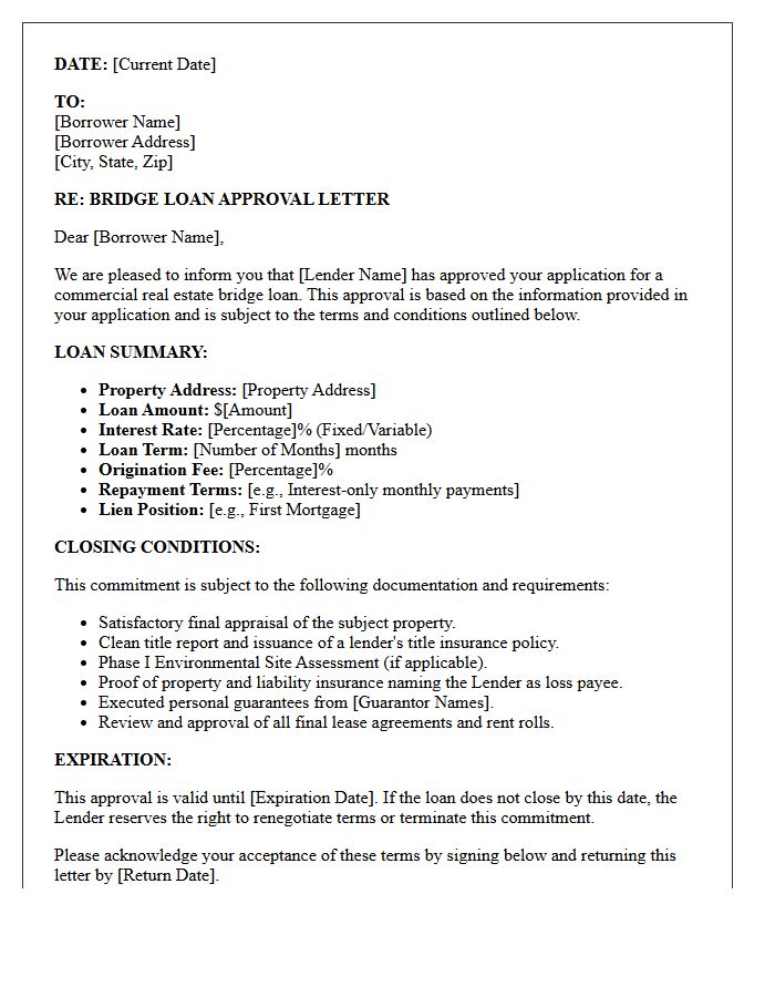 Commercial Real Estate Bridge Loan Approval Letter