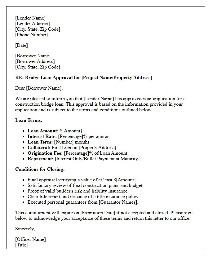Construction Real Estate Bridge Loan Approval Letter