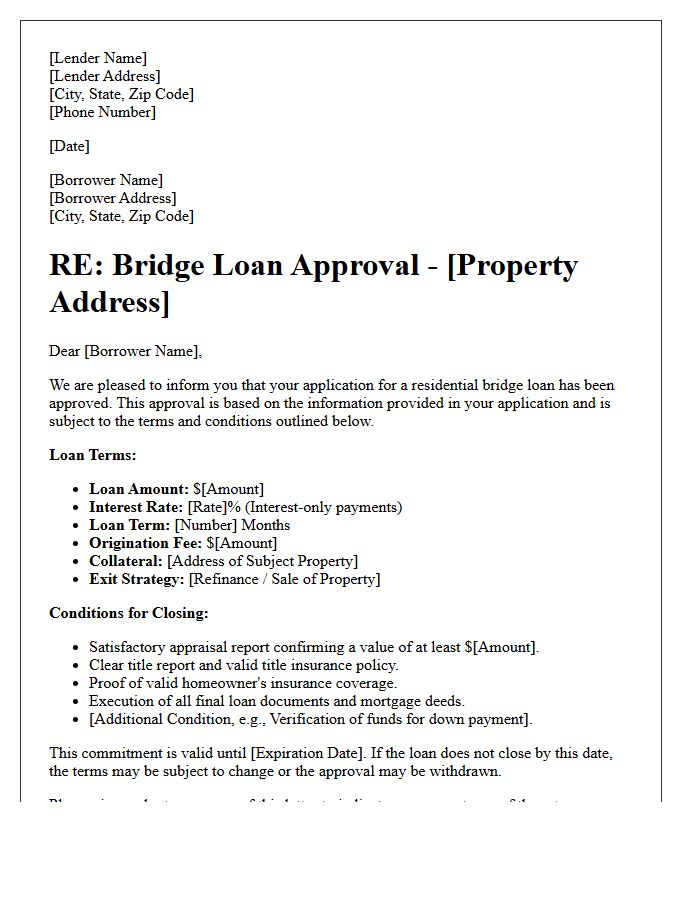 Residential Real Estate Bridge Loan Approval Letter