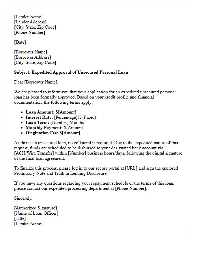Expedited Unsecured Personal Loan Approval Letter