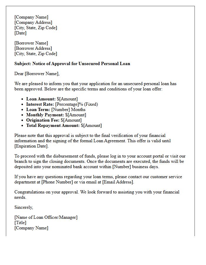 Standard Unsecured Personal Loan Approval Letter