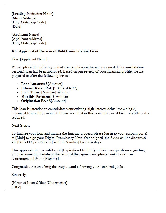 Unsecured Debt Consolidation Personal Loan Approval Letter
