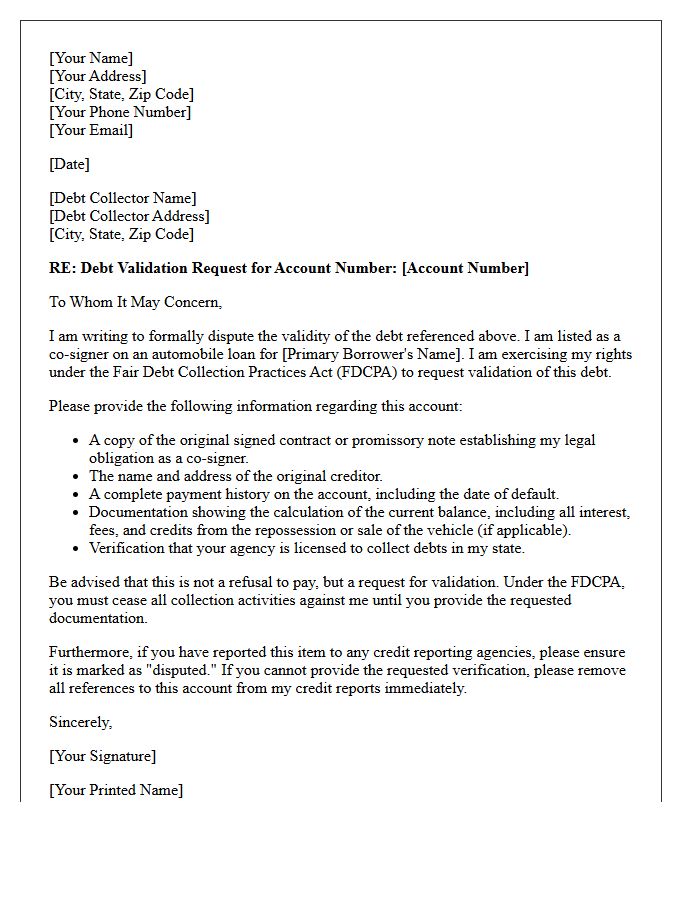 Automobile Loan Co-Signer Debt Validation Notice Letter