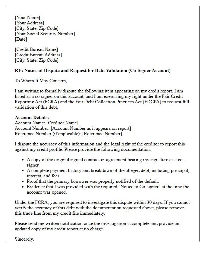 Credit Bureau Reporting Co-Signer Debt Validation Notice Letter