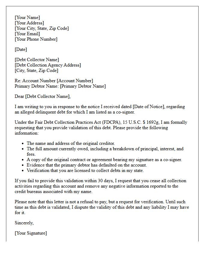 Delinquent Account Co-Signer Debt Validation Notice Letter