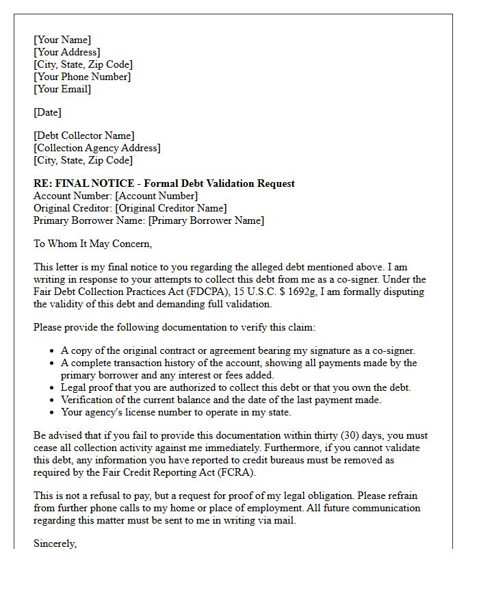 Final Notice Co-Signer Debt Validation Letter