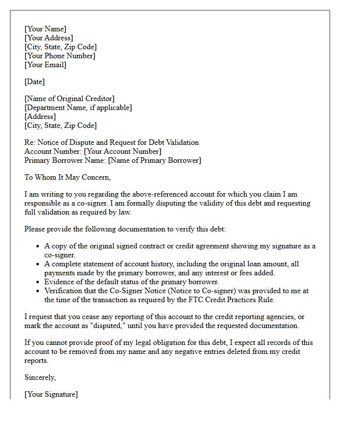 Original Creditor Co-Signer Debt Validation Notice Letter