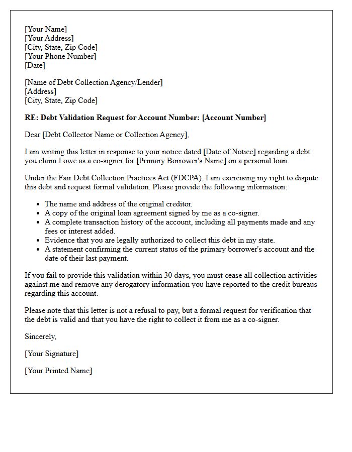 Personal Loan Co-Signer Debt Validation Notice Letter