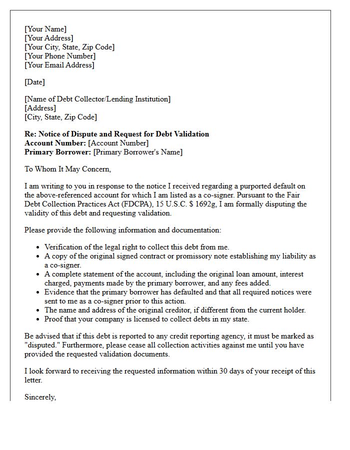 Post-Default Co-Signer Debt Validation Notice Letter