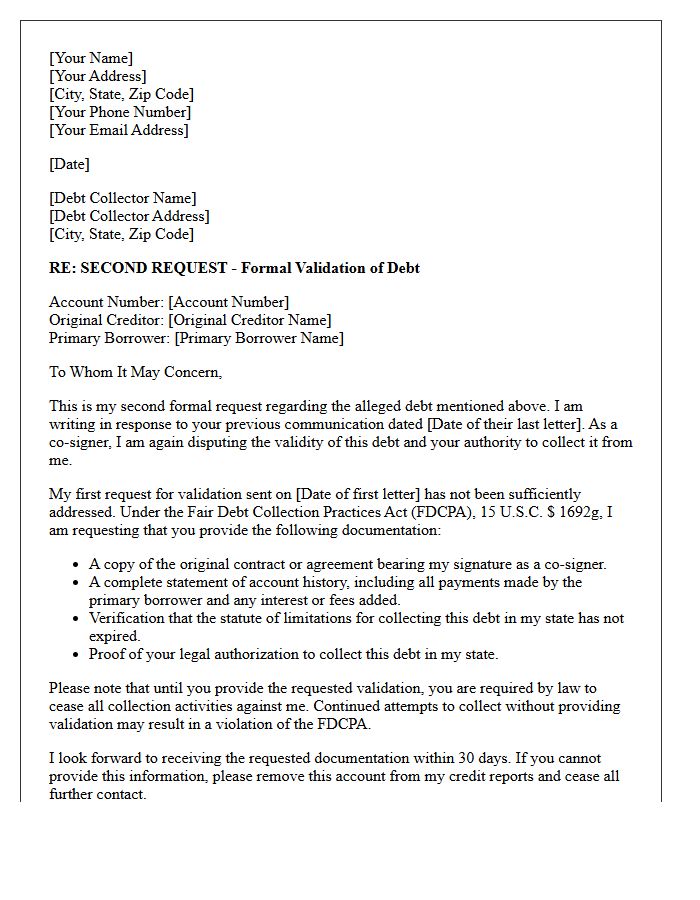 Second Request Co-Signer Debt Validation Notice Letter