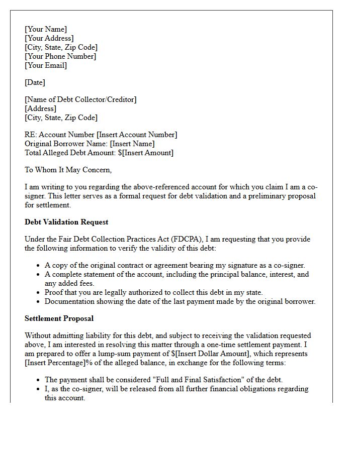 Settlement Negotiation Co-Signer Debt Validation Notice Letter