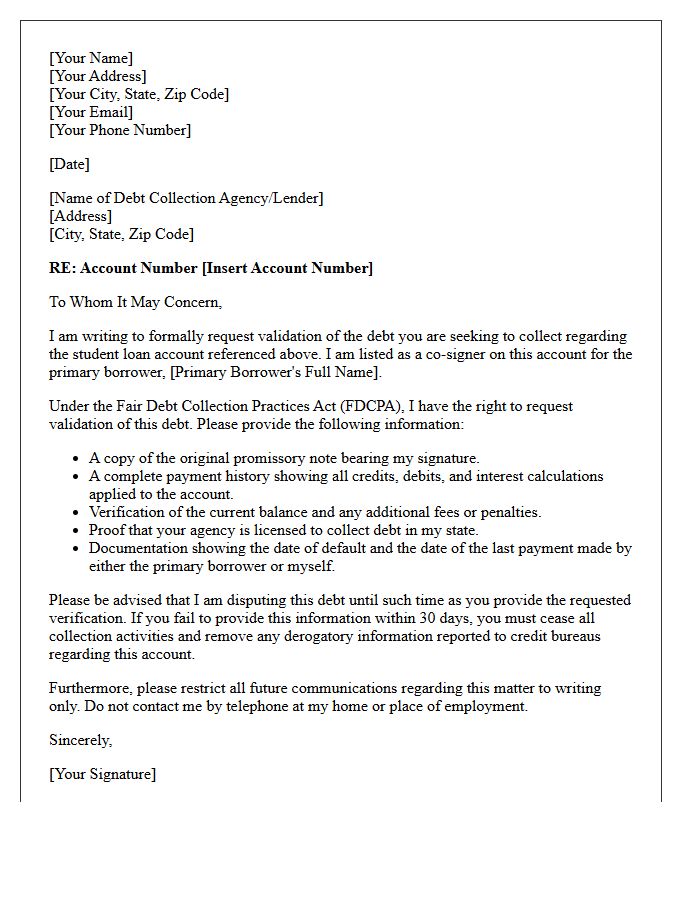 Student Loan Co-Signer Debt Validation Notice Letter