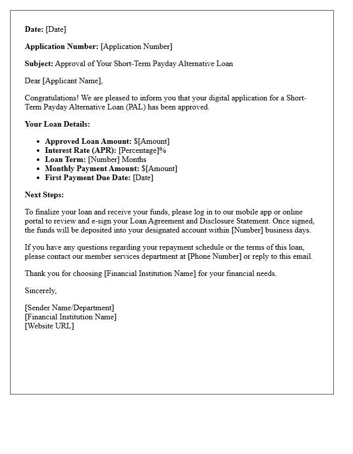 Digital Application Short-Term Payday Alternative Loan Approval Letter