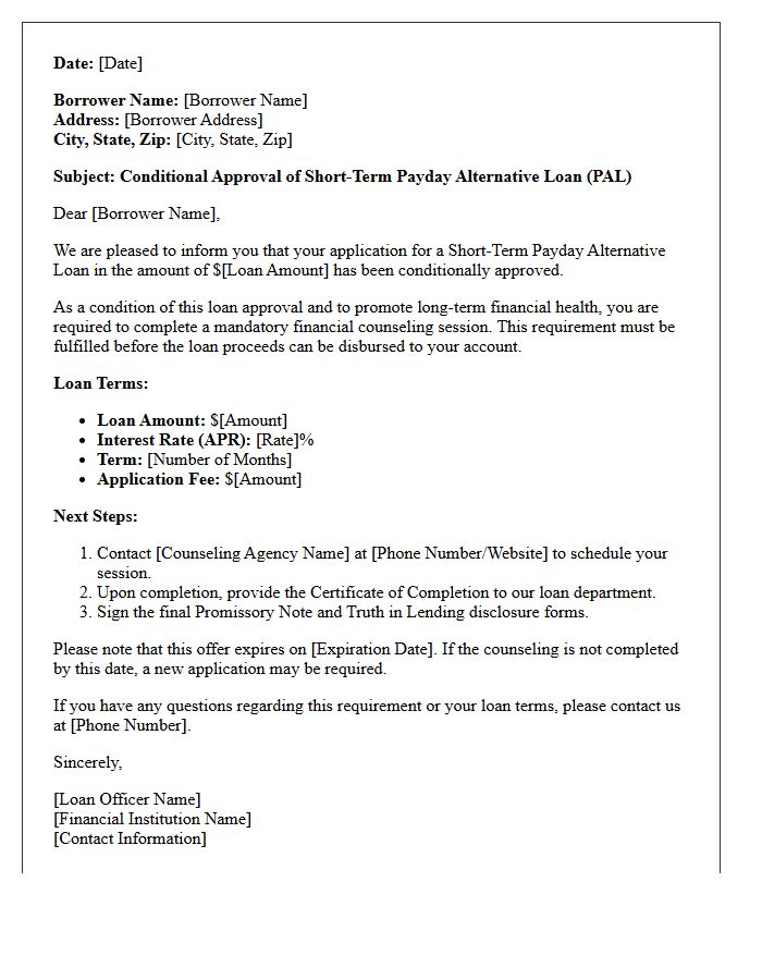 Financial Counseling Mandated Short-Term Payday Alternative Loan Approval Letter