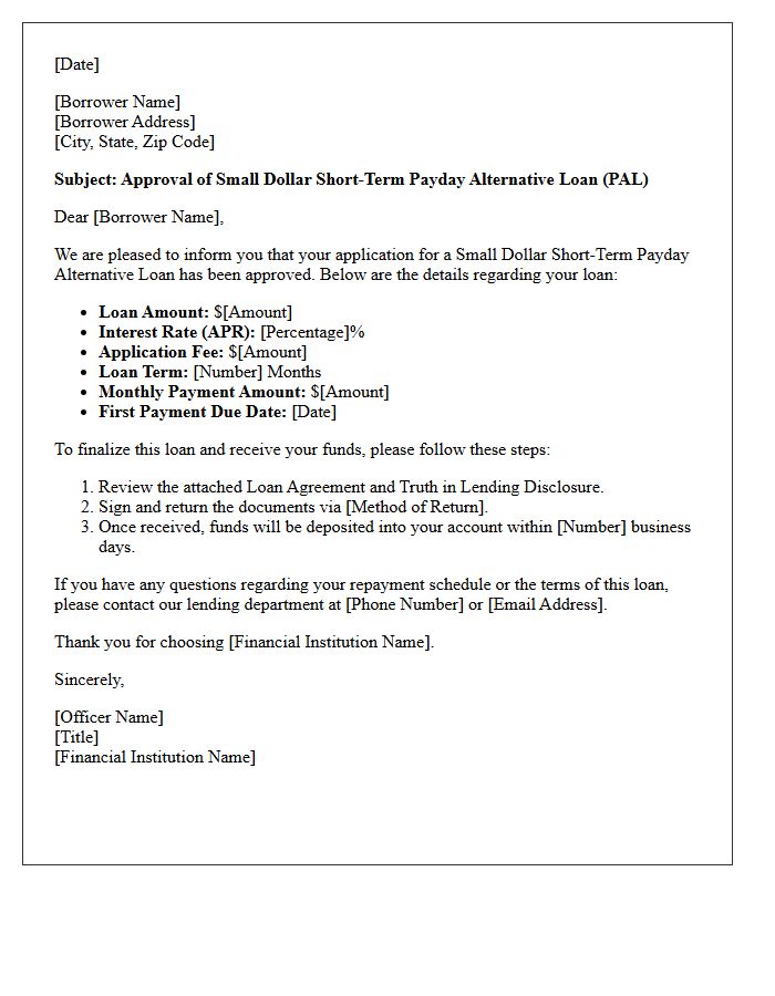 Small Dollar Short-Term Payday Alternative Loan Approval Letter